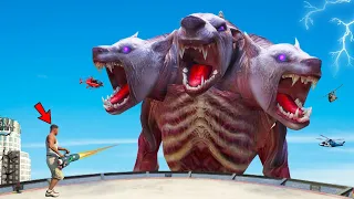 Giant DOG Head Monster Attack AND Destroys LOS SANTOS In GTA 5 - Largest Cerberus