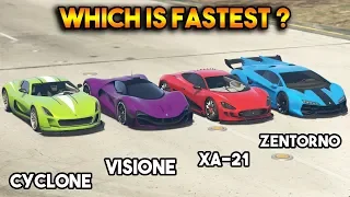 GTA 5 ONLINE : CYCLONE VS XA-21 VS ZENTORNO VS VISIONE  (WHICH IS FASTEST?)