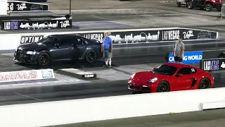 Chrysler 300 SRT8 Sedan Vs. Porsche Cayman 718 Turbo Drag Race - Las Vegas 6-2-2023 - 4K UHD