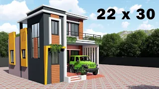 3 Bedroom Elevation house plan, 22 by 30 home with car parking , 22*30 house plan, 3D ghar a design