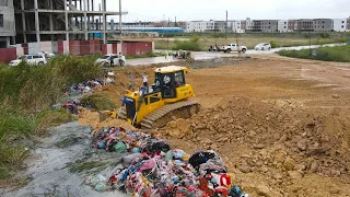 Really Great! Operator Bulldozer, Dump Truck Working Push, Moving Stone Filling into Mud