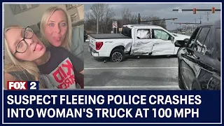 Suspect fleeing police crashes into woman's truck at 100 miles per hour