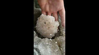 Cracking a Large Keokuk Geode reveals a Hand Sized Pink Calcite with Smoky Quartz