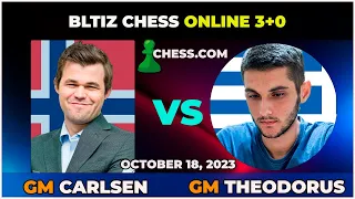 Magnus Carlsen vs GM Nikolas Theodorus | Blitz Chess 3+0 | ChessCom | October 18, 2023