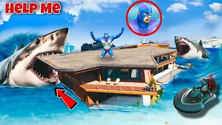 Rope Hero Crashed And Got Stuck On A Floating House Surrounded By Sharks | Tsunami #8 (GTA 5 Mods)