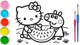 Hello Kitty and Peppa pig Sharing a Pizza Drawing, Painting & Coloring For Kids and Toddlers