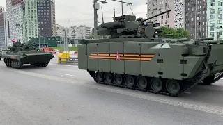 Military heavies of the Russian army on Moscow streets for rehearsal Victory Day.