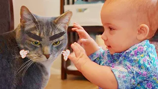 Nettes Baby und Katzen, die zusammen spielen - lustige Babys und Haustiere