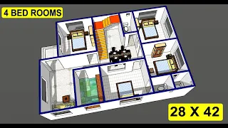 4 BHK HOUSE PLAN DESIGN II 28 X 42 GHAR KA NAKSHA II 28 X 42 HOME DESIGN