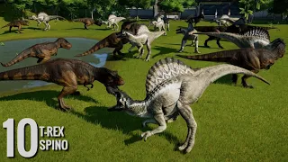 Jurassic World Evolution - 10 Tyrannosaurus Rex vs 10 Spinosaurus (1080p 60FPS)