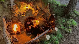 Building UNDERGROUND Bushcraft Shelter for SURVIVAL 5 DAYS. Fireplace Mushroom Cooking. Camping ASMR