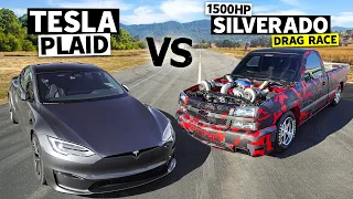 1500hp Twin Turbo 4x4 Chevy Silverado vs 1100hp Tesla Model S Plaid // THIS vs PLAID