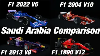 F1 Comparison Saudi Arabia - V6 vs V8 vs V10 vs V12 Engine (2022 vs 2013 vs 2004 vs 1990)