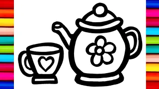 Teapot and Cup Drawing, Colouring and Painting for Kid's, Toddlers | How to Draw Teapot and Cup