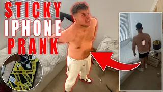 SUPERGLUED HIS PHONE TO HIS BACK! - PRANK