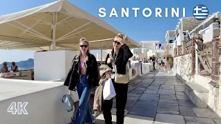 Santorini Pyrgos, sparkling white houses and medieval alleys. Walking tour. Greece in 4K