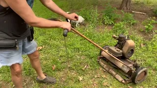 Mowing with 3 antique lawn mowers