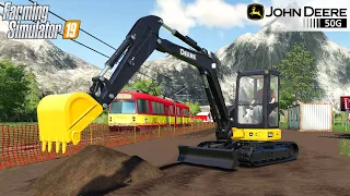 Farming Simulator 19 - JOHN DEERE 50G Excavator Digs The Dirt At The Construction Of The Railway