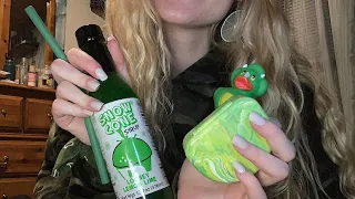 ASMR tapping and scratching on random GREEN items | ramble whispering