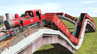 Red Steam Train Meets Red Bus While Crossing Extreme Ride Down Rail near Hill