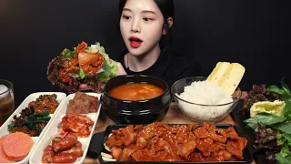 SUB)매콤짭짤 제육볶음에 된장찌개 쌈밥 먹방!(ft.우렁된장) 떡갈비 소세지까지 집밥 리얼사운드 Korean Home Meal Mukbang Asmr