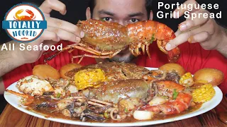 සී ෆුඩ් MUKBANG EATING: Portuguese Grill Spread*Lobster 🦞 Mullet Fish Crabs Octopus Prawns Corns CMB