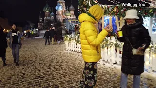 Moscow christmas market. Moscow christmas walk. Moscow red square christmas. Walking tour 4k.