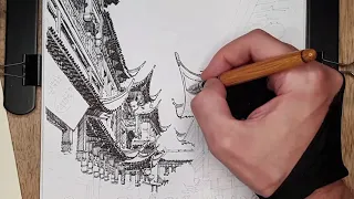 Drawing China: Yuyuan market in Shanghai. Time-lapse drawing.