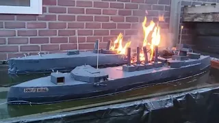 Cardboard Ship Burning And Sinking Cruiser Hamshire Versus Cruiser Chester