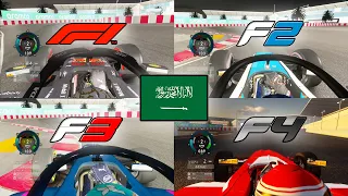 F1 vs F2 vs F3 vs F4 Speed Comparison | 2021 Saudi Arabian Grand Prix (Assetto Corsa)