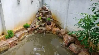 How to make fish pond with water fall using sack and cement in malayalam |ചാക്ക് ഉപയോഗിച്ച് മീൻ കുളം