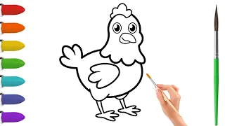 Rooster Drawing, Painting, Coloring for Kids and Toddlers | How to Draw a Hen, Paint and Learn