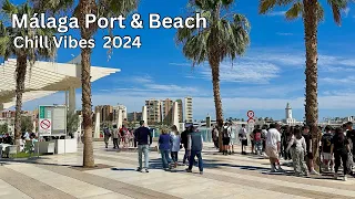 Malaga Town, Marina and Beach Walking Tour April 2024 NOW | Costa Del Sol City Walking Tour 4k 60fps