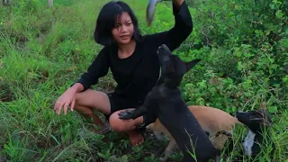 Girl goes fishing with dogs meet wild boar