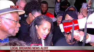 Former judge Tracie Hunter addresses crowd after being released from jail