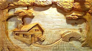 How to carve a wooden landscape, low relief