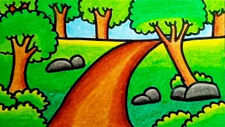 How To Draw Forest Scenery Simple For Kids | Drawing Forest Scenery For Kids Step By Step