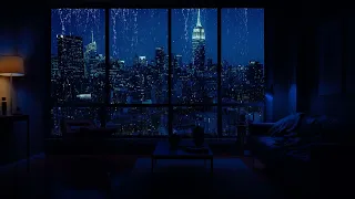 Cozy Bedroom With A Night View Of New York In Heavy Rain | Rain Sounds, Rain On Window