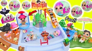 LOL Surprise Dolls + Lil Sisters at Play at Pool Slide with Pets