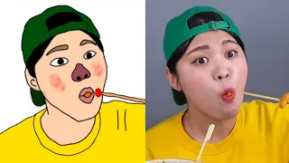 Mukbang 직접 만든 떡볶이 김밥 먹방 Tteokbokki Noodle Kimbab DONA 도나 " funny drawing meme " animation cartoon