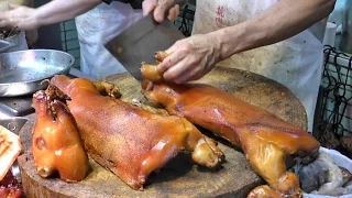 Hong Kong Street Food. Chopping Piglets, Ducks, Pigeons, Chickens in Sham Shui Po