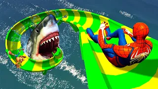 Spiderman Water Ragdolls on EPIC Giant Water Slide in GTA 5 Episode 4