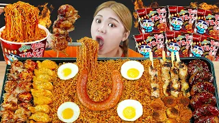 Mukbang Fire Spicy Noodles 야끼소바 불닭볶음면 먹방 Buldak Yakisoba Spicy Fire Noodle Takoyaki 킬바사 | HIU 하이유