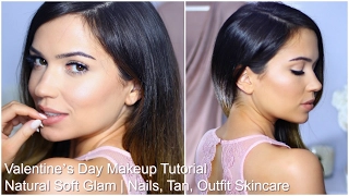 Valentine’s Day Makeup Tutorial | Natural Soft Glam | Nails, Tan, Outfit Skincare | Giveaway