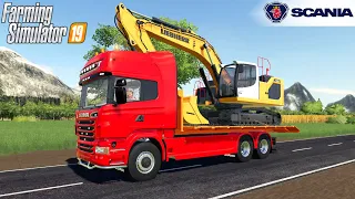 Farming Simulator 19 - SCANIA R-SERIES HOOKLIFT Transporting Crawler Excavator Liebherr