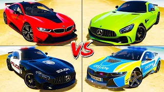 Mercedes AMG GTR vs BMW i8 vs Police Mercede vs Police BMW - GTA 5 Car Mods Which is better?