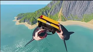 Beamng Drive - Cars Jump into Scary Shark -Fun Stunts Jumps Crash