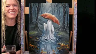 HALLOWEEN! Learn How to Draw & Paint GHOST IN THE RAIN-Easy Painting Tutorial-Paint and Sip at Home