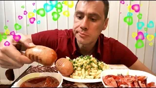 МУКБАНГ/макароны с сардельками, соус, салат/pasta with sausages/MUKBANG/eating show/먹방