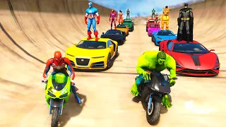 SPIDERMAN CARS & MOTORCYCLES Mega Windmill Rampa Challenge Superhero Goku Trucks / Jeep Race - GTA 5